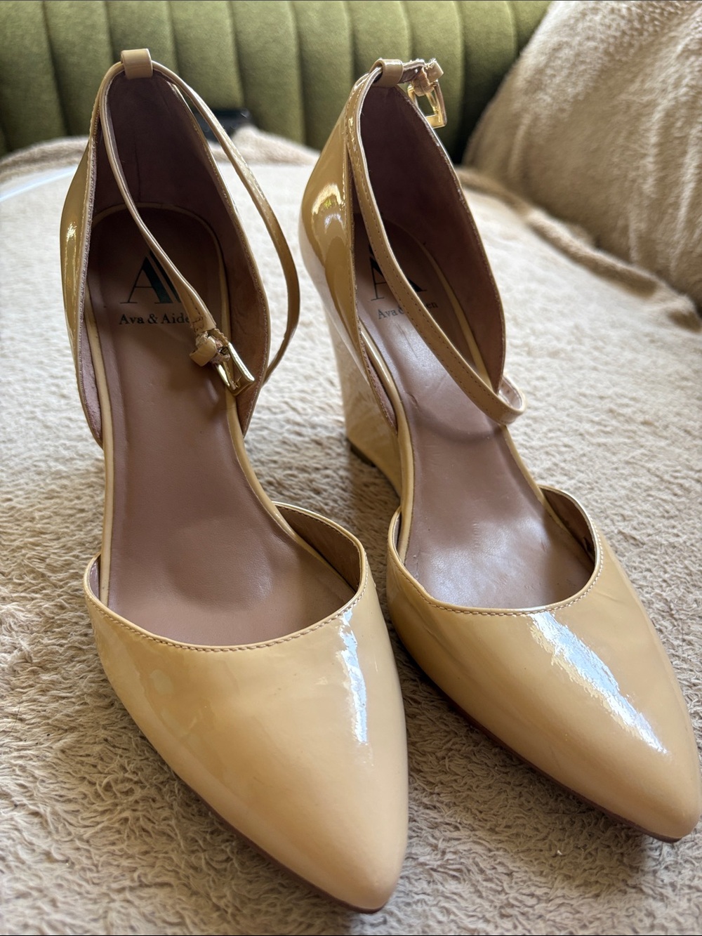 Ava & Aiden Women's Patent Pointed-Toe Wedge Pumps in Nude Tan